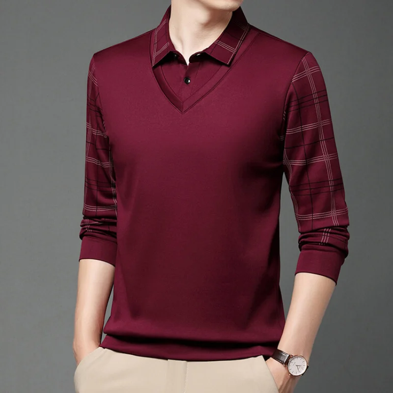 New Men's Fake Two-piece Printed Polo Shirt, Casual and Fashionable Fake Two-piece Set, Long Sleeved T-shirt