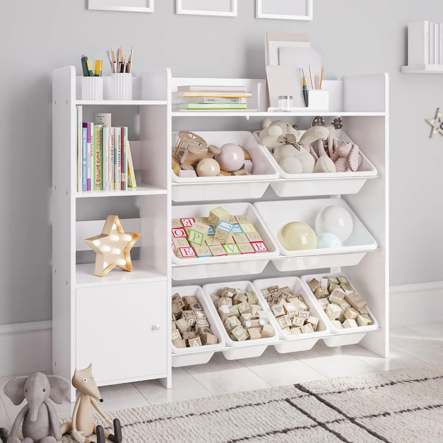 Toy Storage Organizer with 8 White Toy Bins – Kids Toy Shelf