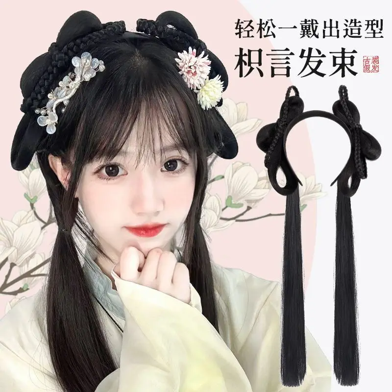 

Chinese Hanfu Hair Hoop Wig - All-in-One Headband with Fake Bun for Beginners Traditional Costume Hairpiece