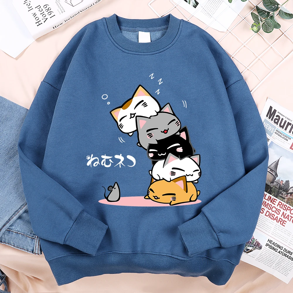 Süße gestapelte Katzen zum Schlafen, nicht sehen die Maus, Herrenbekleidung, Anime-Pullover, Hoodies, lockerer Fleece-Kapuzenpullover, lässig, O-Ausschnitt, Streetwear
