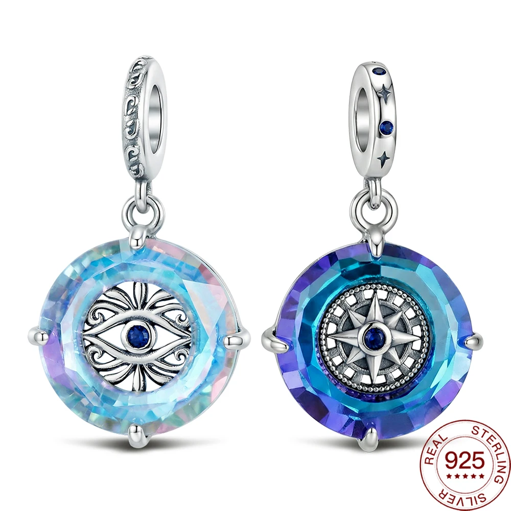 925 Sterling Silber Mystic Evil Eye & Compass Charms Farbverlaufs-Kristallperlen passen zu Original-Armbändern, Amulett-Schmuck, Geschenke für Frauen