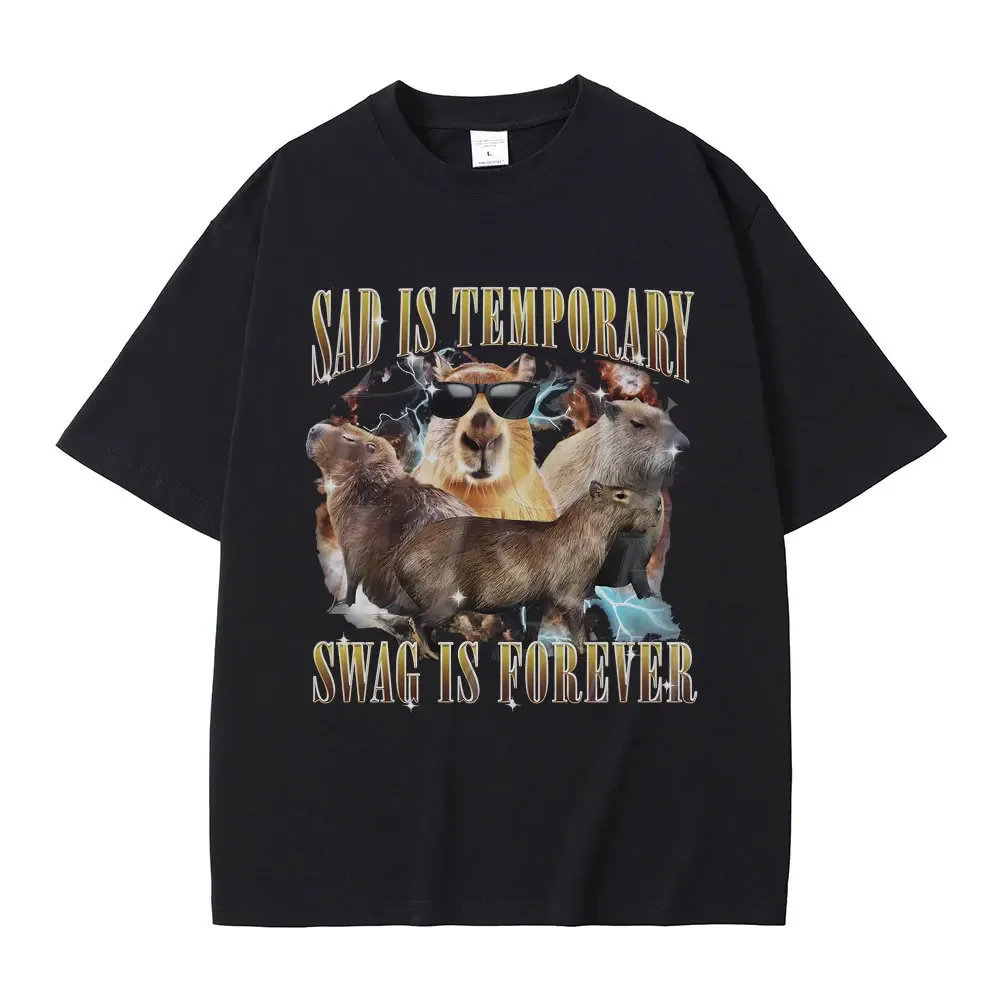 

Sad Is Temporary Swag Is Forever Funny Capybara Meme Graphic T-shirt Men Casual Cotton Vintage Short Sleeve Oversized T Shirts
