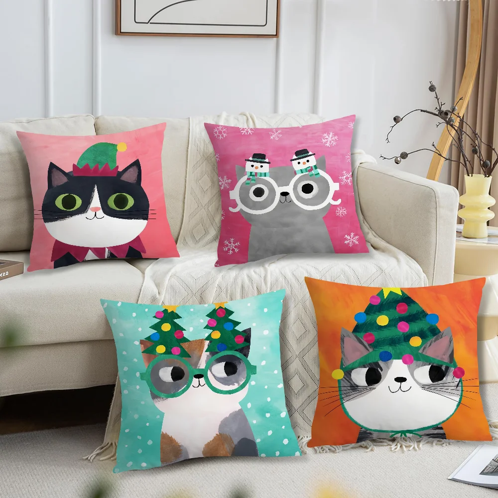 Art A-Angie R-Rozelaar Cat illustration Christmas For Bedroom Car Coffee Shop Room Soft and Living Room Sofa Decorative Pillow C