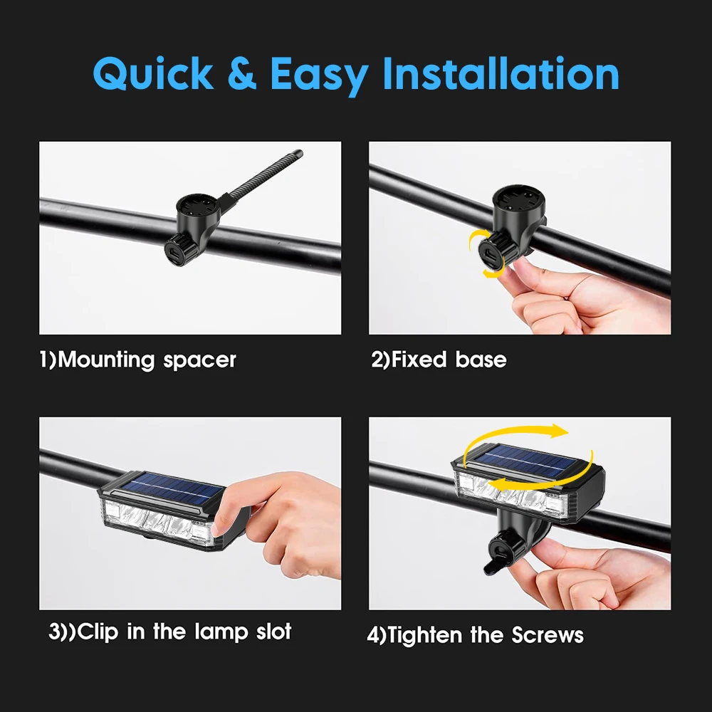 Solar Bicycle Light with Horn USB Rechargeable MTB Road Bike, Waterproof LCD Display Front Lamp Flashlight Bicycle Light 2000mAh