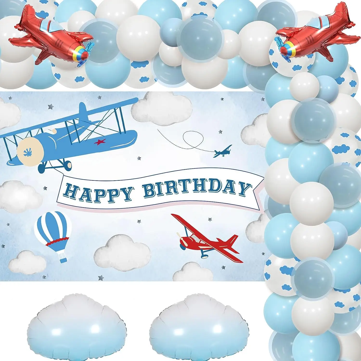 Airplane Birthday Party Decorations Blue Airplane Happy Birthday Backdrop Airplane Cloud Foil Balloons Time Flies Party Decor