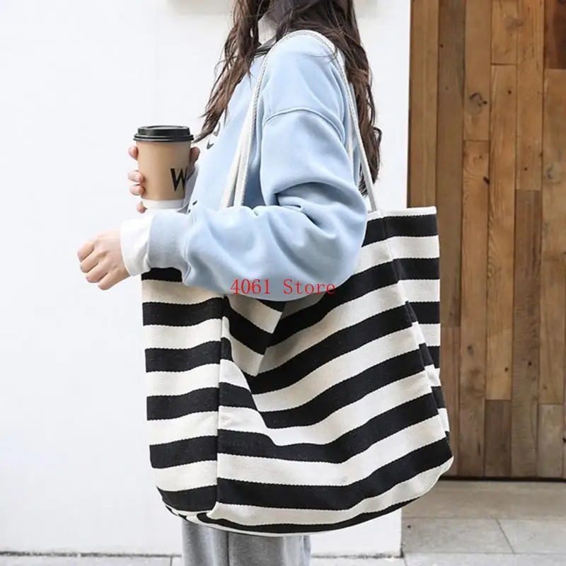 

Reusable Casual Outdoor Party Tote Women Striped Canvas Handbags