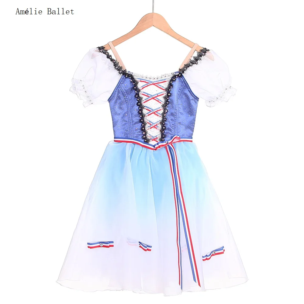 

B24123 Customized Ombre Blue Ballet Dress Female Puffy Sleeves Professional Ballerina Dance Costume Romantic Long Tutu Skirt