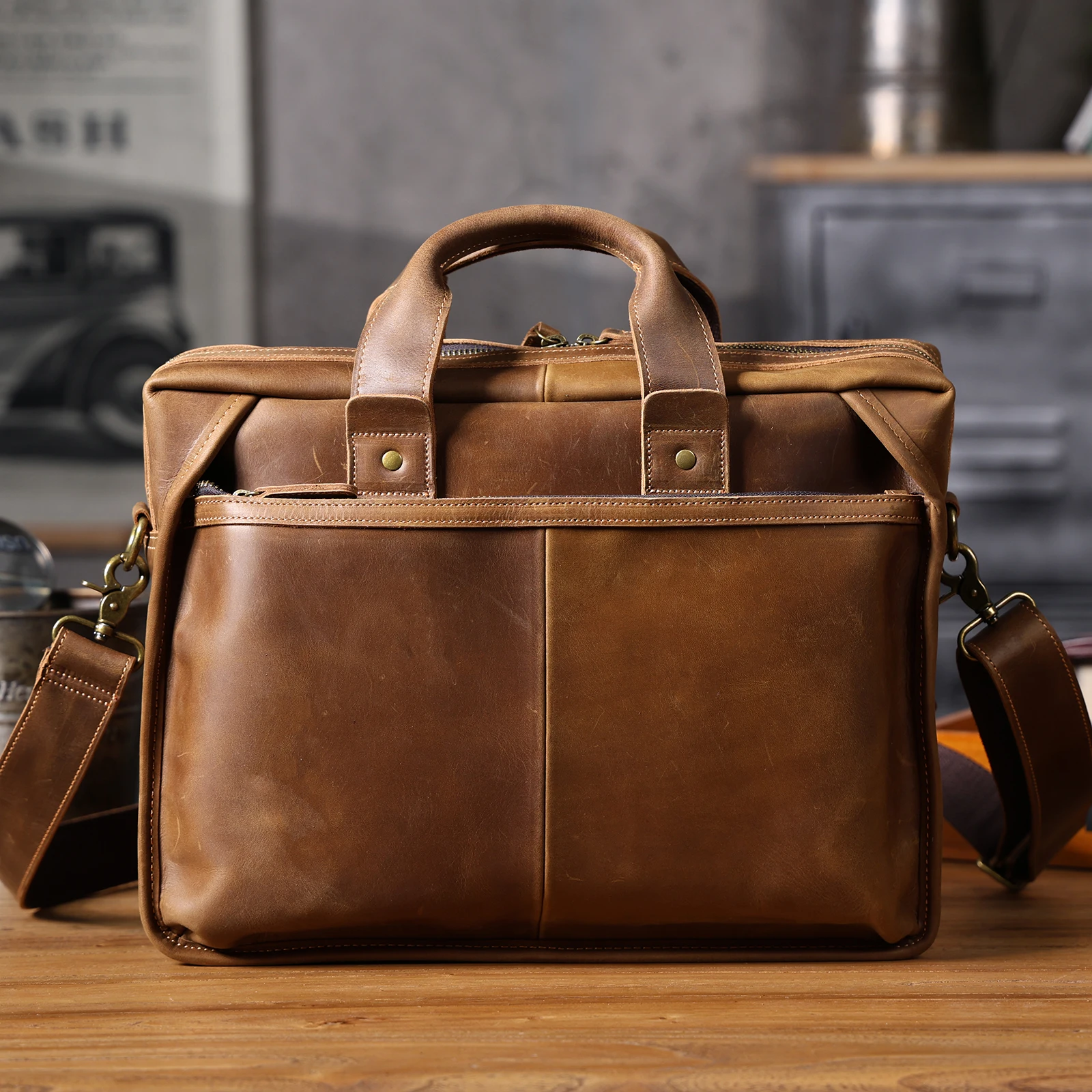 Vintage Echtleder Herren-Aktentasche 14" Laptop-Tasche Crazy Horse Leder Messenger-Handtasche Rindsleder Geschenkidee für Männer – Detail 25