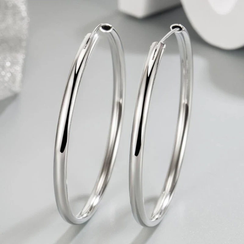 Real 925 Sterling Silver Thick 30/40/50/60MM Round Huggies Hoop Earring for Women Trendy Fine Jewelry Minimalist Accessories