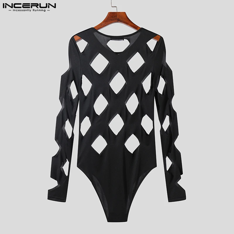 Sexy Fashion Style Men\'s Bodysuits Hollow Diamond Design Rompers Casual Homewear O-Neck Long Sleeve Jumpsuits S-3XL INCERUN 2023