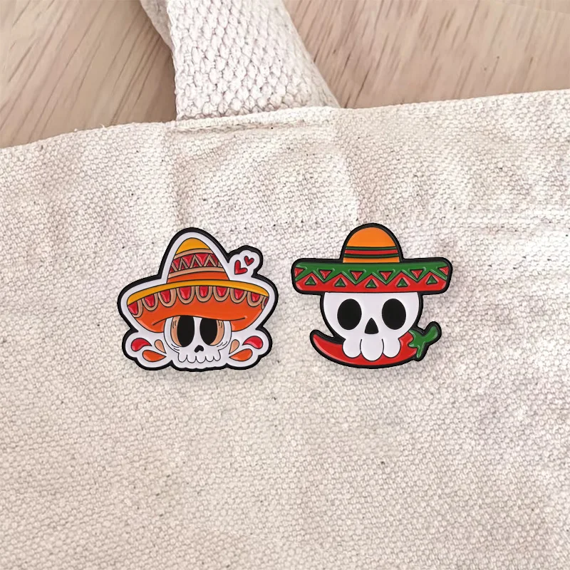Mexican Sombrero Skull Enamel Pins Day Of The Dead Theme Brooch Lapel Badge For Halloween Cultural Festival Decoration Gift