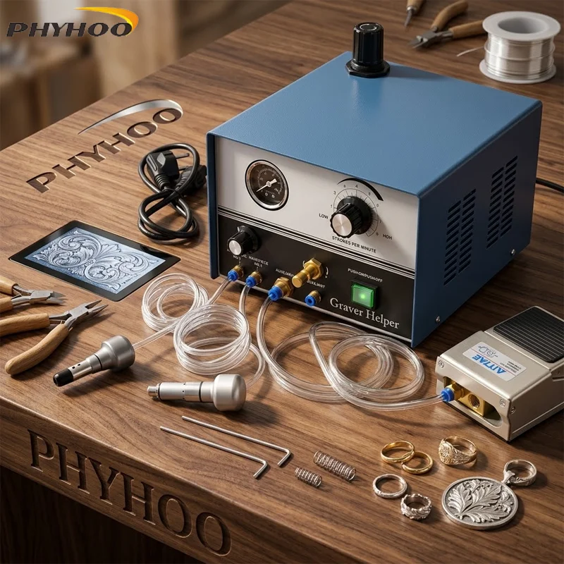 PHYHOO Pneumatic Engraving Machine Jewelry Graver Tool Set Dual Handpiece System for Stone Setting Metal Carving Polishing Craft