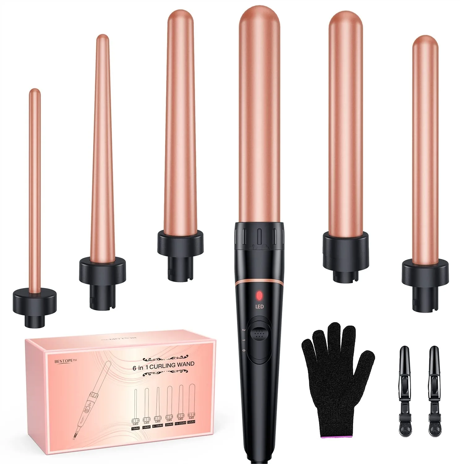 6 in 1 Curling Iron Wand Set with Ceramic Barrel for Long Hair, 0.35"-1.25" Interchangeable Hair Curler, Dual Voltage, Includes