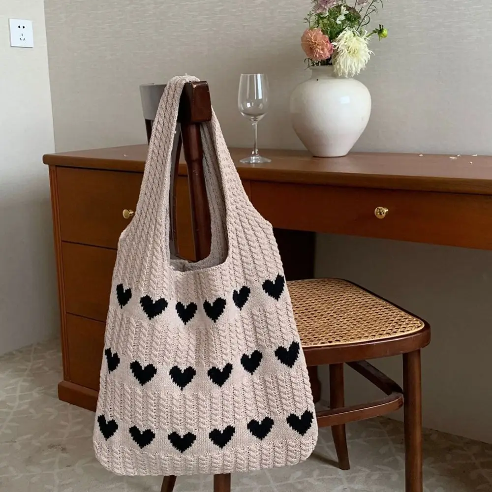

Love Hollowed Out Knitted Bag Large Capacity Bohemian Crochet Tote Bag Storage Bag Handbag Heart Pattern Shoulder Bag Shopping