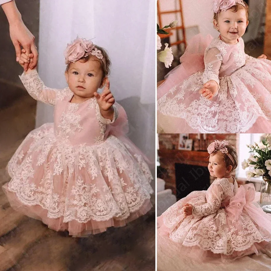 

Toddlers Lace Flower Girl Dresses Ankle Length Full Sleeves Baby Girls Birthday Party Dress Ruffles Long Pageant Ball Gowns