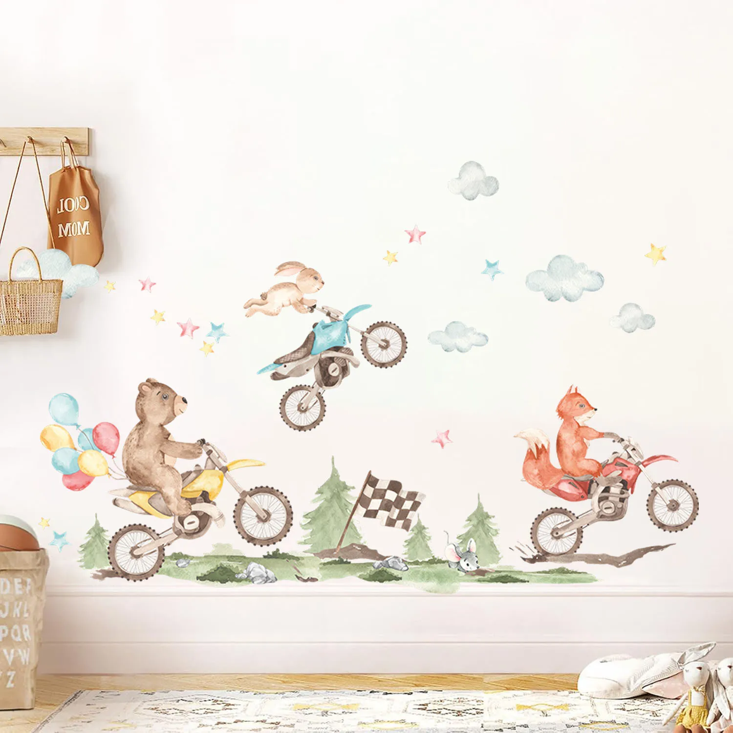 Cartoon Motorcycles Jungle Animal Wall Decal Children's Room Dirt Bike Motocross Wall Sticker for Baby Room Boy Wall Decoration