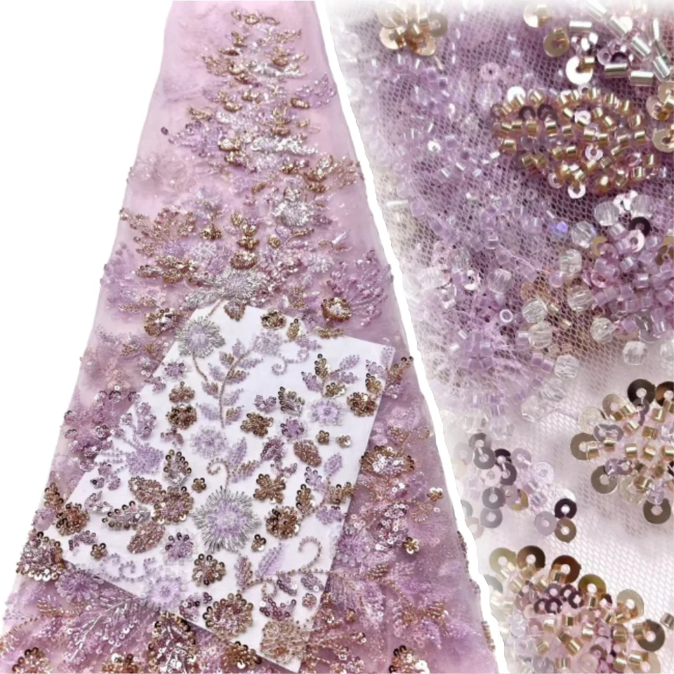 

High Quality African French Handmade Beaded Lace Fabric Sewing Sequins Embroidery Nigeria Lace Fabric for Women Wedding CC1331