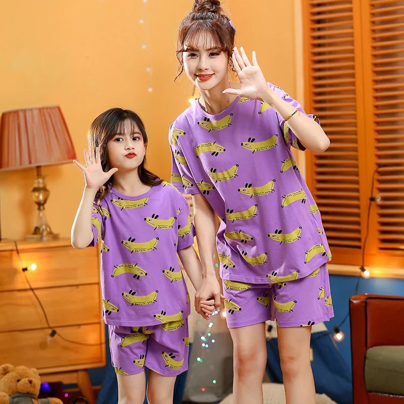 Kids Girls Clothes 2022 New Summer Pajamas Sets Woman Mother Daughter Girl Cotton Clothing Set Short-sleeve Tee Shorts 2pcs Suit