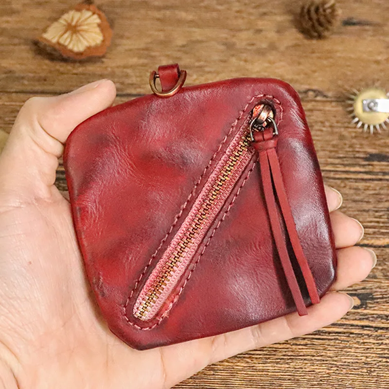 Mini Genuine Leather Coin Purse, Vintage Zipper Key Wallet Simple Coin Storage Bag