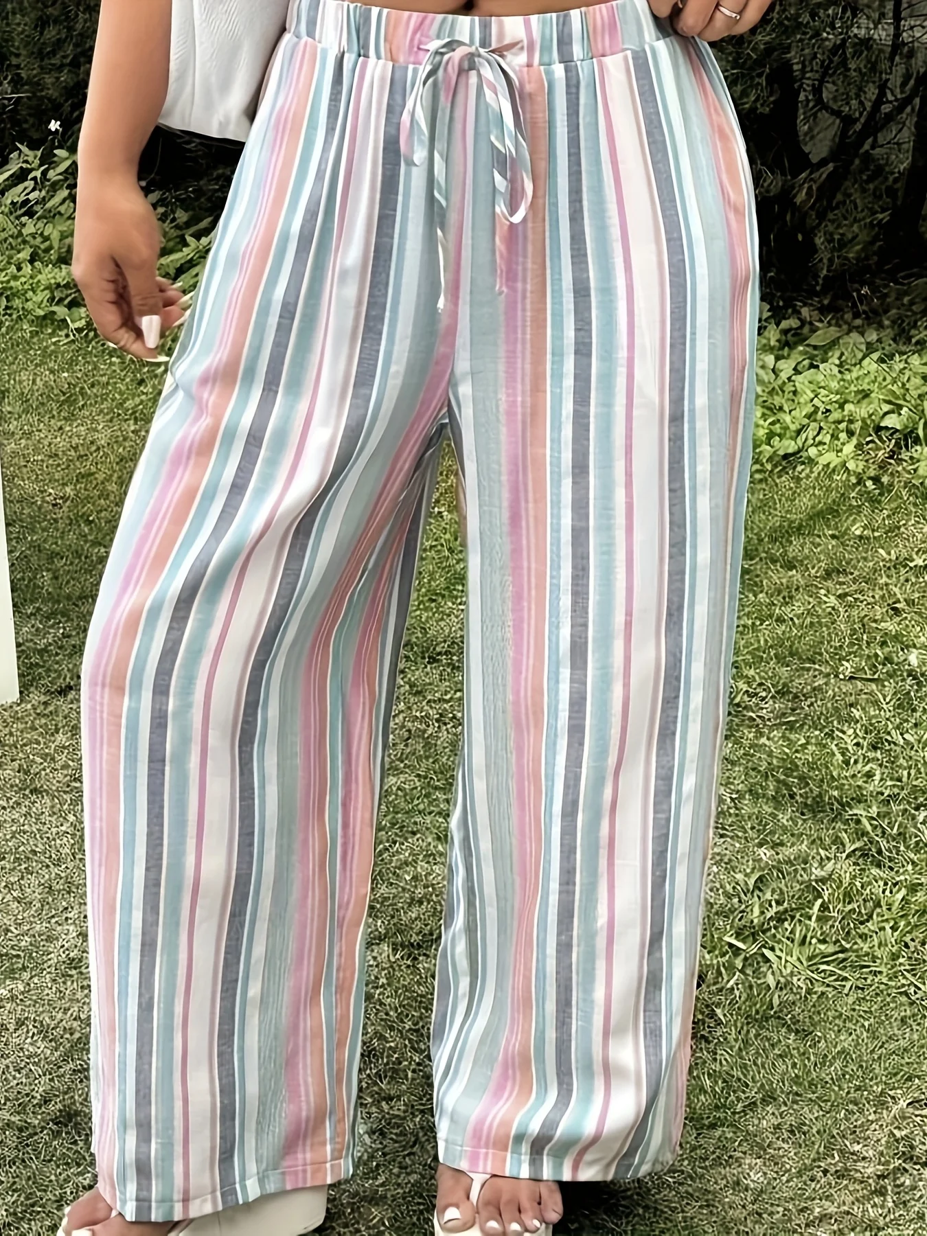Women's Plus Size Wide-Leg Trousers - Elastic High-Waist Wide Pants with Drawstring Waist, Striped Suitable for Casual Vacation
