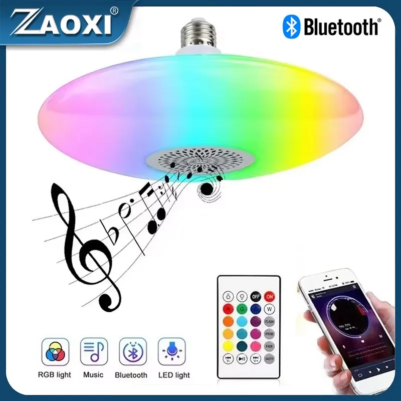 ZAOXI-Lámpara UFO de música inalámbrica, Bombilla de Altavoz Bluetooth E27 RGB + blanco regulable, luz de techo Led inteligente, Control remoto para el hogar