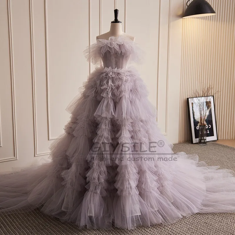 GIYSILE Abito da sera per banchetti viola rosa chiaro personalizzato Abito da sera con top a tubo senza maniche Gonna soffice a pieghe da principessa Coda piccola