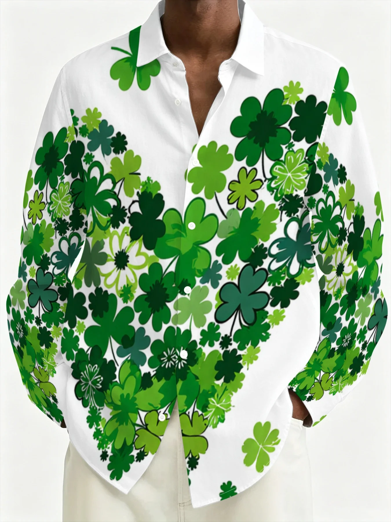 Men Long Sleeve Button Down Shirt White Green Clover Heart‑Shaped Print Polyester Lapel Collar Holiday Casual