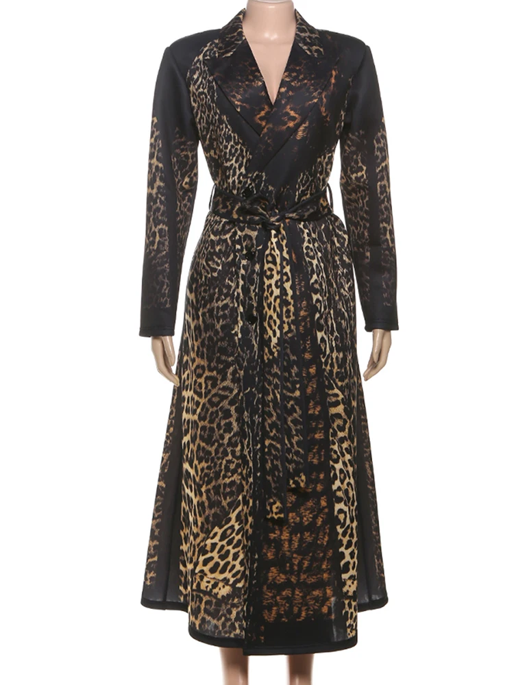 Kliou Leopard Print Trenchcoat Frau Herbst Trend Hohe Taille Bandage Strickjacke Revers Volle Hülse Street Fashion Stil Kleidung