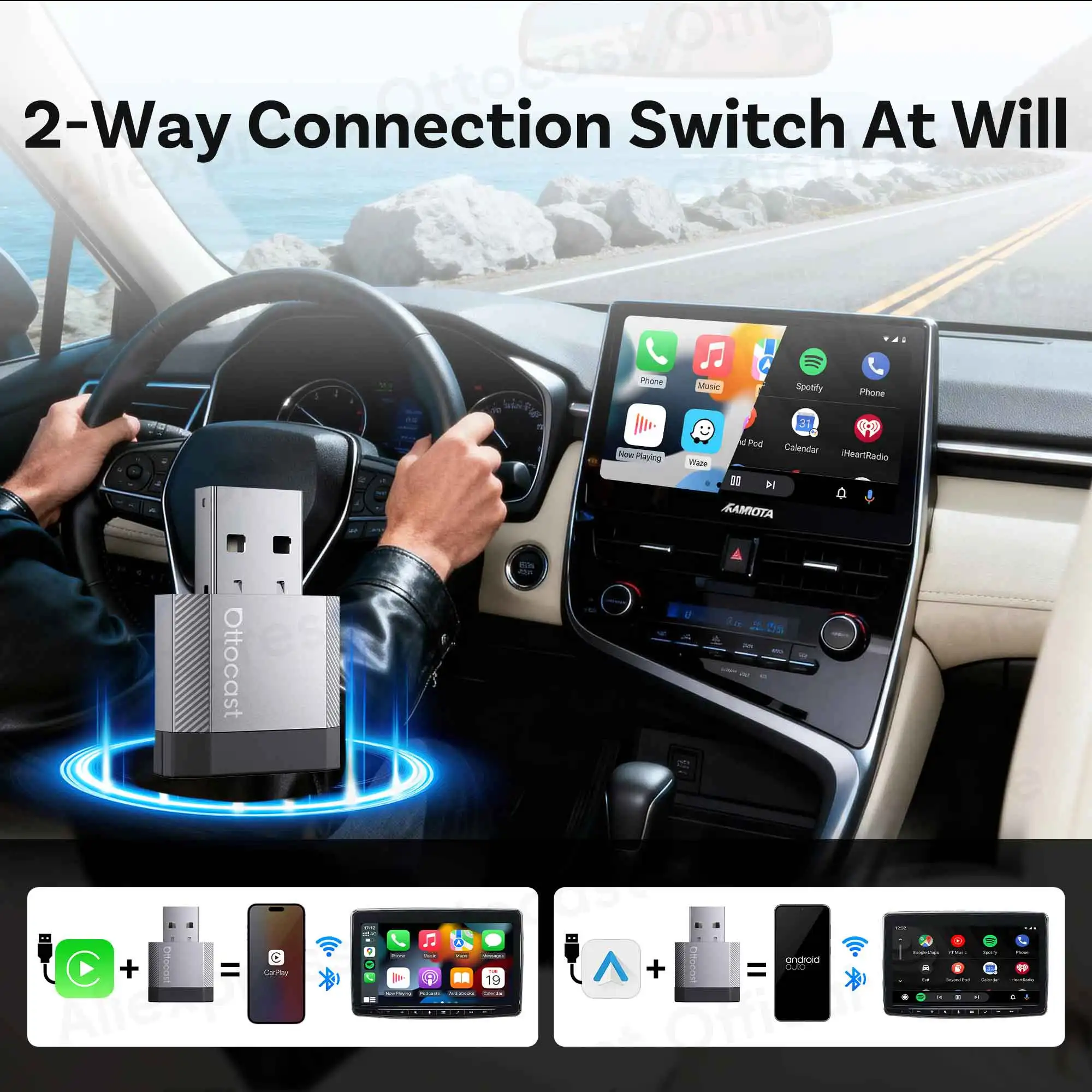 OTTOCAST Mini Nova Kabelgebunden zu Kabellos 2-in-1 CarPlay Android Auto Adapter Dongle Auto-Zubehör für Benz Audi VW Kia Toyota – Detail 2