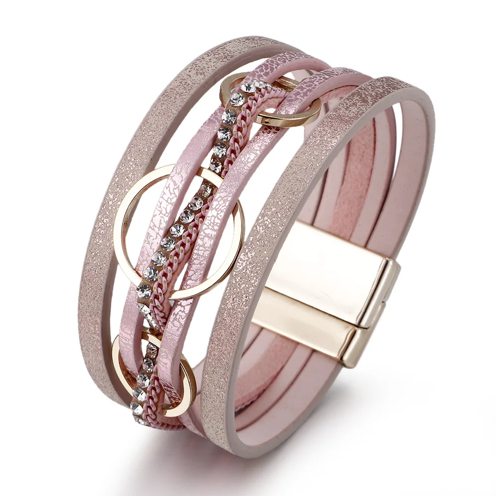 ZG European and American Magnetic Buckle Bracelet For Women Multi-layer PU Leather Circular Ring Design Bracelet Jewelry