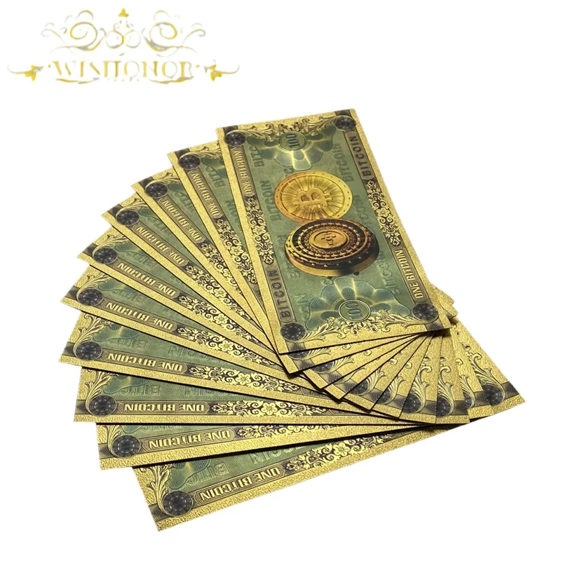 10pcs/lot Nice Color Foil One Bitcoin Dogecoin And One Hundred Bitcoin Banknote BTC Bills souvenir banknotes for collection