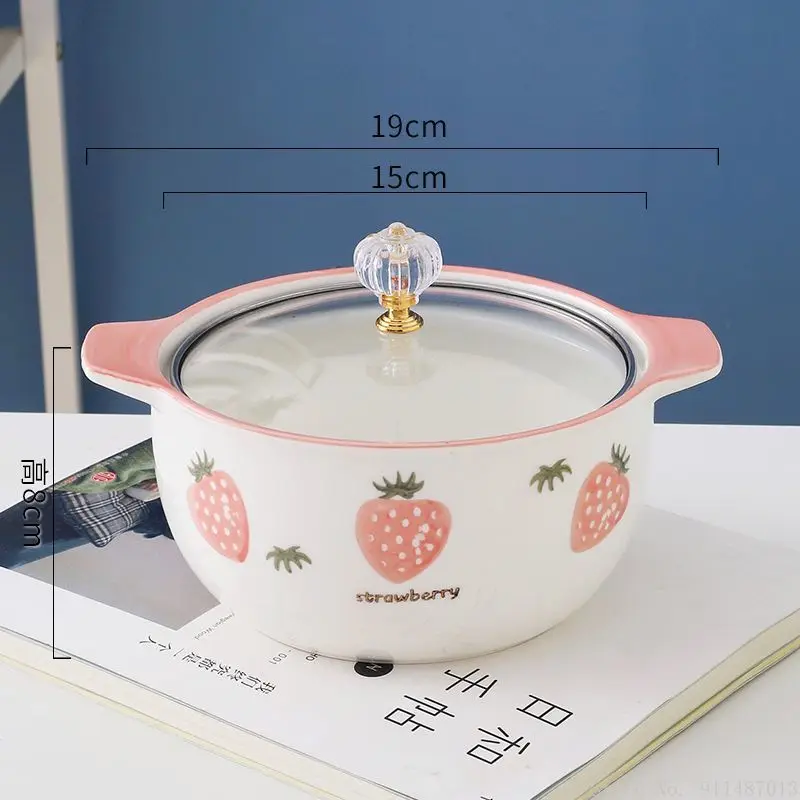 Creative Cartoon Fruit Pattern Ceramic Instant Noodles Bowl, Double Ears Cover, Household Kitchen, Dormitory Supplies, 1Pc