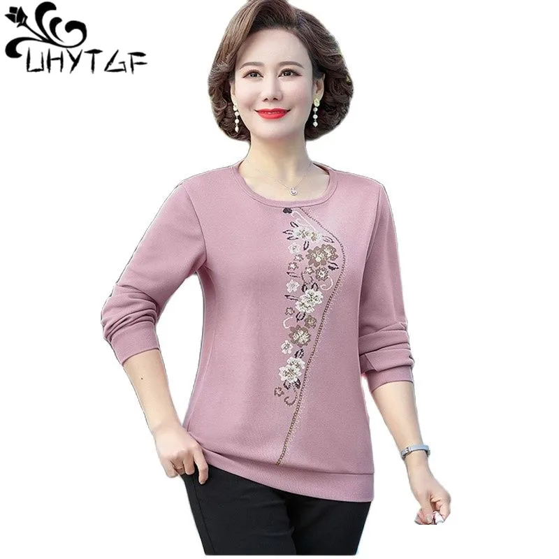 UHYTGF 2022 Spring Autumn T-Shirt Women Long-Sleeved O Neck Casual Top Female Fashion Thin Blouse Elegant Mother Clothes 5XL1696