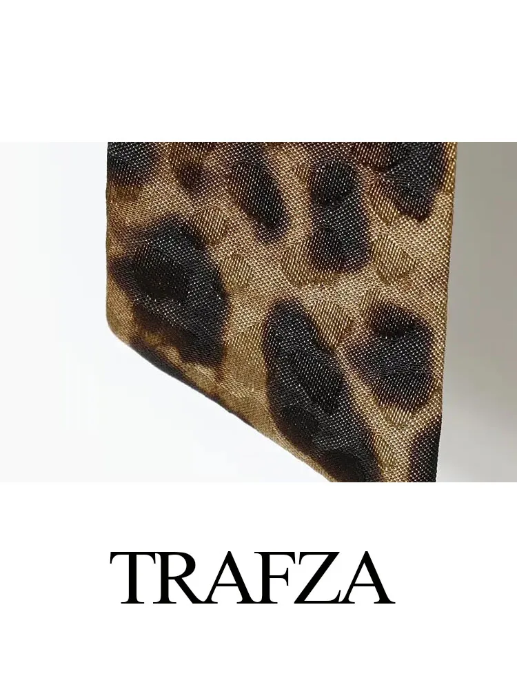 

TRAFZA Women Autumn Elegant Leopard Print Turn-Down Collar Pockets Belt Design Slim Blazers+High Waist Zipper Long Pants Suit