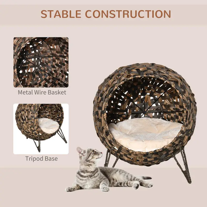 PawHut 20.5" Weaved Cat Bed, Elevated Hand-woven Braided Banana Leaf Kitten House Condo with Cushion, Brown view 4