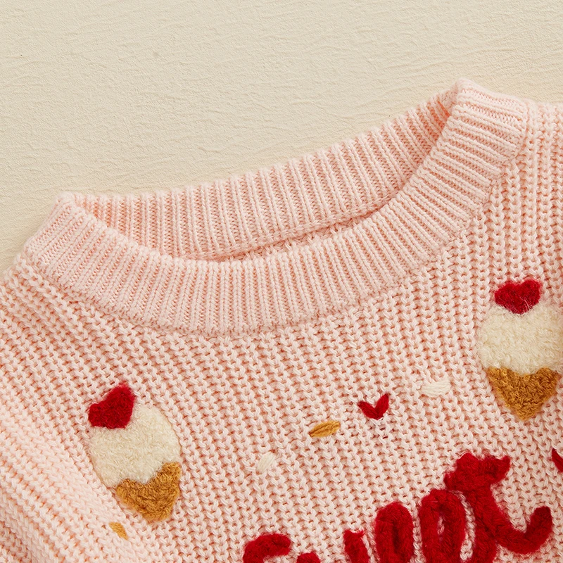 Toddler Girl Long Sleeve Sweater with Round Neck and Cute Ice Cream Embroidery Detail - Adorable Knit Pullover for Baby Girls