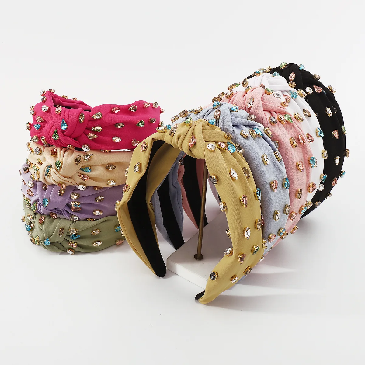 European and American Wide-Brimmed Fabric Hairband Fashionable Color Glass Drill Knotted Headband Hair Accessories