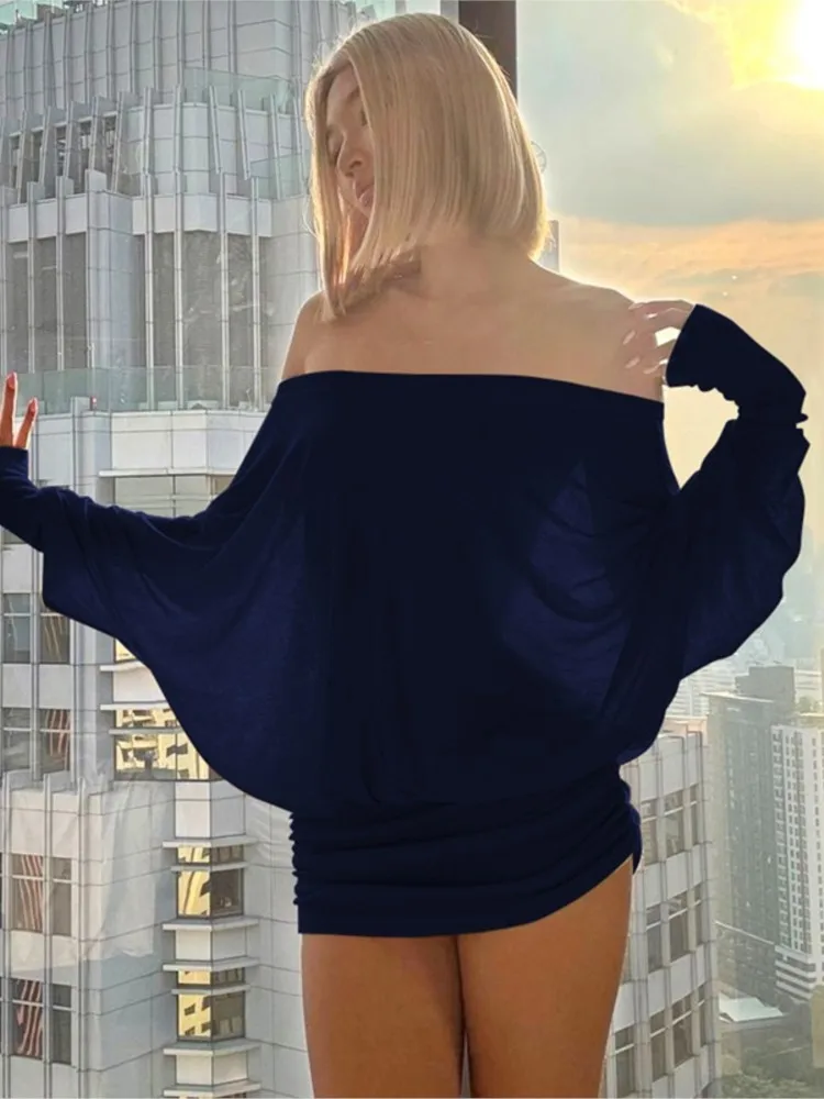 موضة جديدة قبالة الكتف شير فستان قصير وتتسابق للنساء الساخن مثير كم طويل Ruched فساتين الحفلات Bodycon الصلبة رداء فام