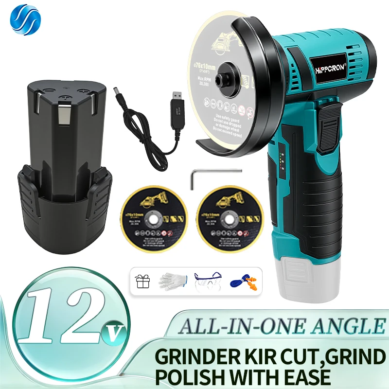 Hippcron 12V Electric Portable 19500 RPM Angle Grinder Cordless Polishing Mini Cutting Blade Lithium Battery Power 3 In1 Tools