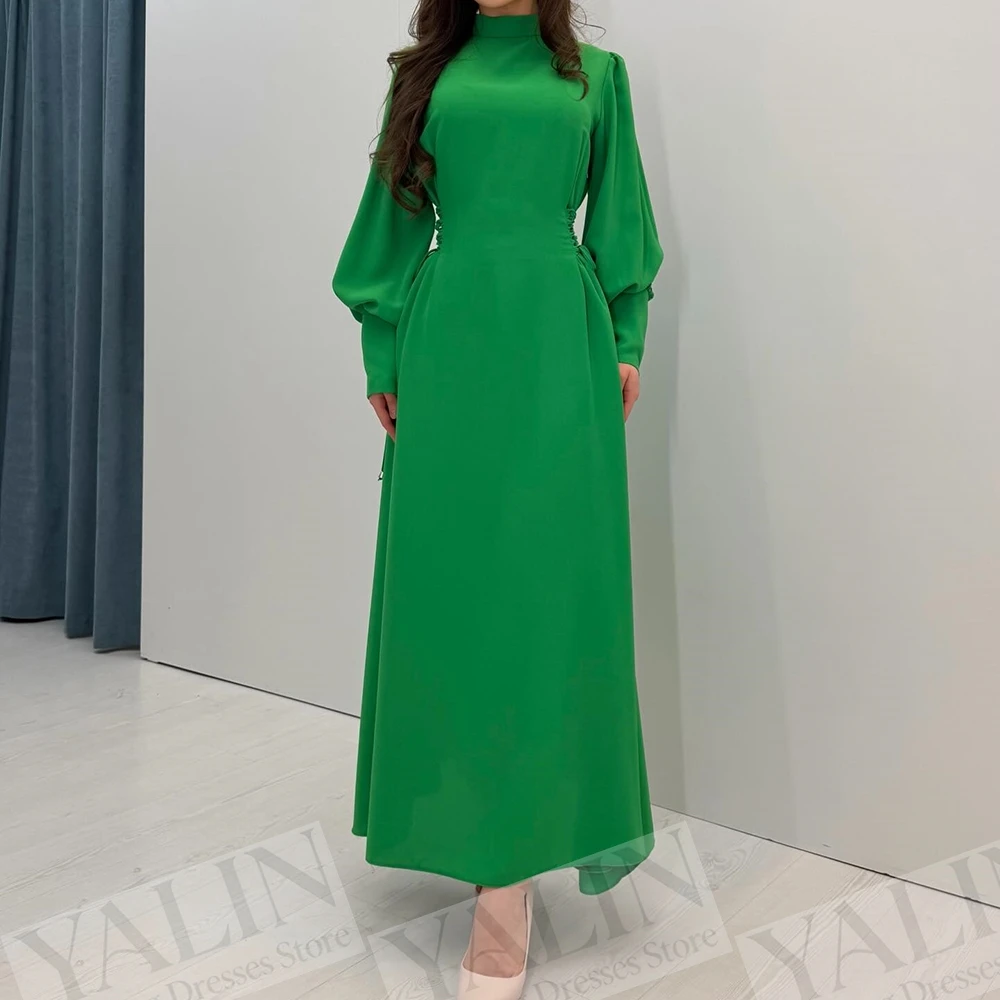 

Women's A-line Evening Dresses Ankle-length High-neck Full Sleeve Prom Gown Fashion Lace-up Simple Draped Casual Customized Gown