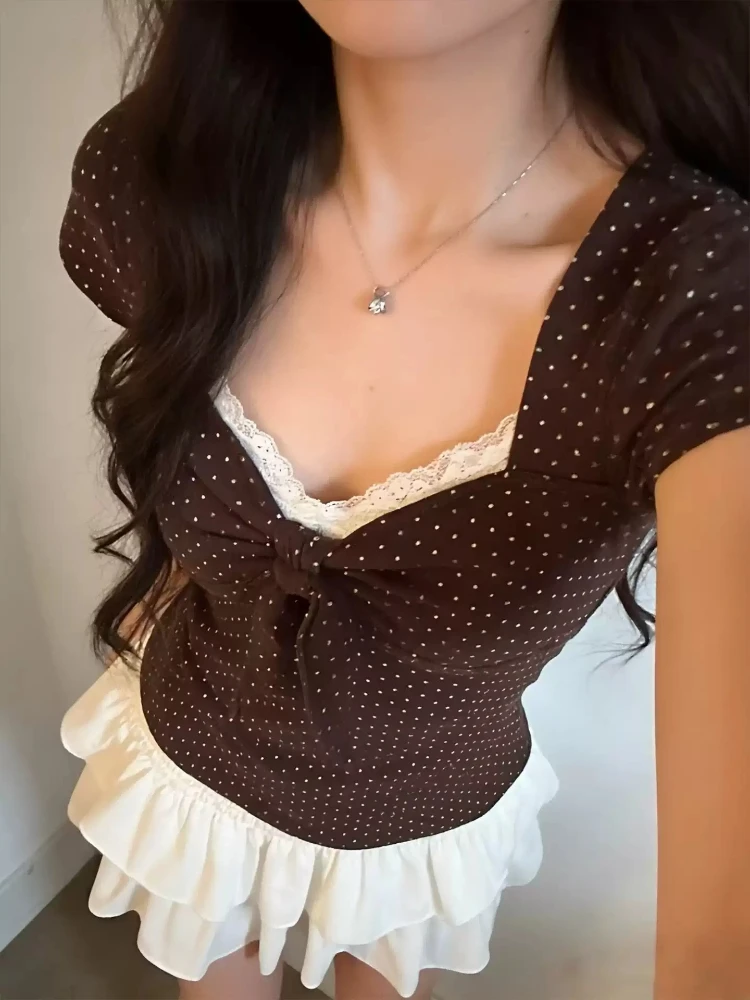 Kawaii Korean Fashion Brown Polka Dot T Shirt Women Chic  Lace Trim Twist Bow Short Sleeves Tops Japanese Slim Cute Casual Tees