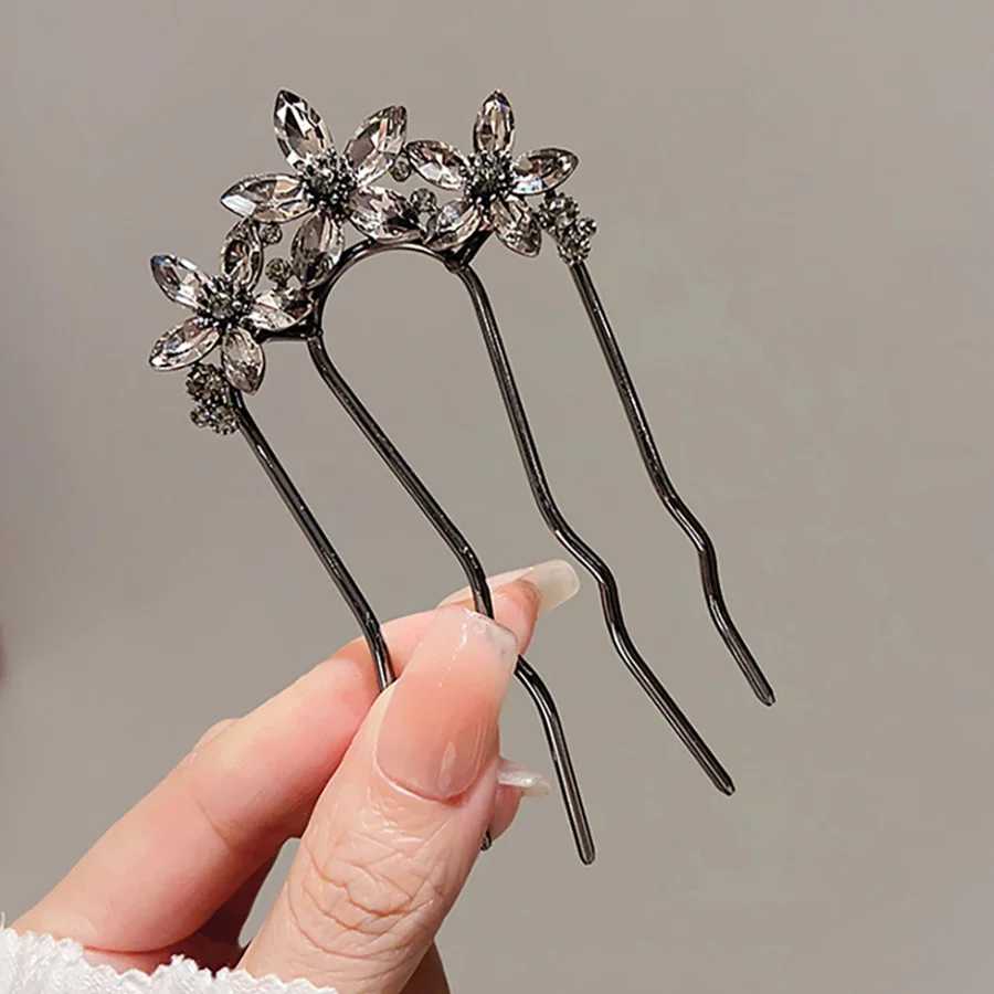 Retro Schwarze Kristallblumen-Haarnadel Hochwertige Damen-Haarklammer Metall-Haarstäbe im Französischen Stil Elegante Haaraccessoires