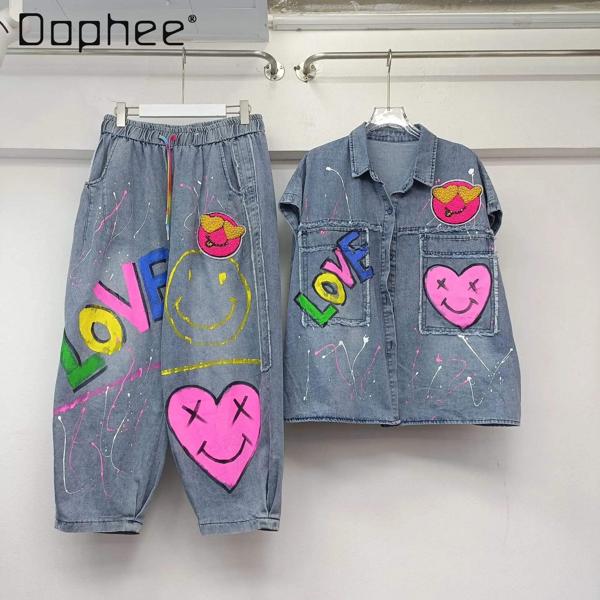 

Retro Design Sense Denim Two-piece Suit Women 2025 Spring and Summer New Graffiti Heavy Industry Top and Elastic Waist Jeans