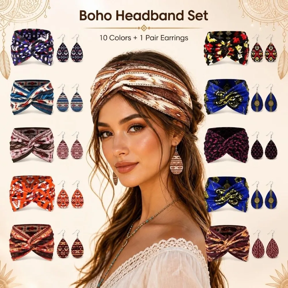 3pcs Ankara Print Twist Headband Earrings Set Wide Kente Women's Hairband Set Boho Cross Women's Earrings Set Hair Accessories