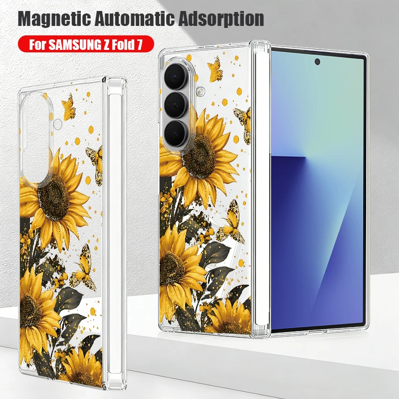 Sunflower Floral Case For Samsung Z Fold 7 6 5 Magnetic Hinge Clear Hard PC Folding Phone Cover For Samsung Z Fold7 Fold6 Fold5