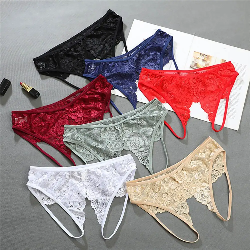 

Women Panties Crotchless Solid Color Breathable Lace Open Crotch Pornographic Spaghetti Strap High Elasticity Lady Briefs