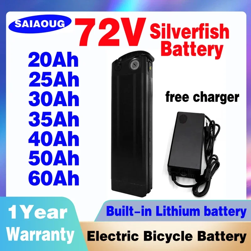 

72V 50Ah 300W-2000W Electric Bike Lithium Battery Silver Fish Ebike for Brand cell Li-ion Battery With 50A BMS and Charger