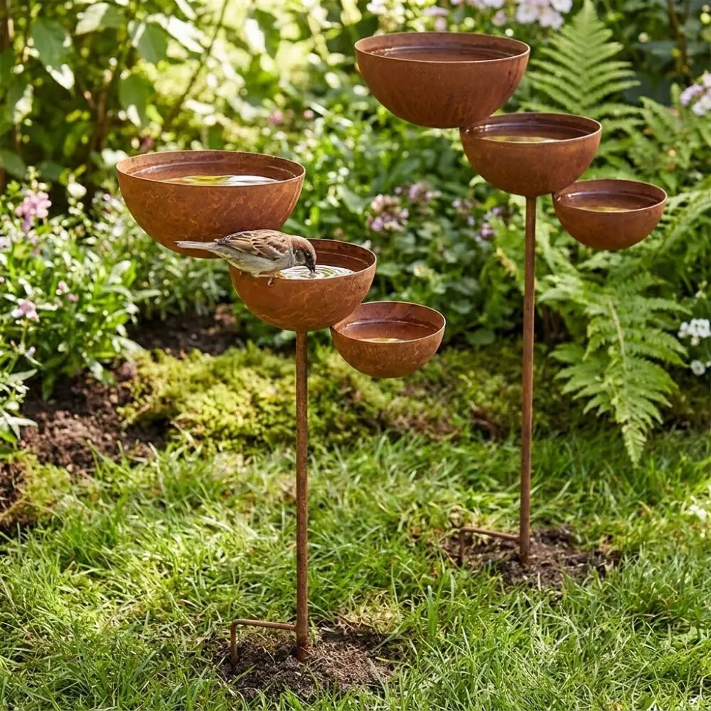 Vintage Iron 3-Tier Metal Bird Bath Ground Stakes Rusted Garden Rain Catcher Handmade Three-layer Bowl Animals Drinking Cup