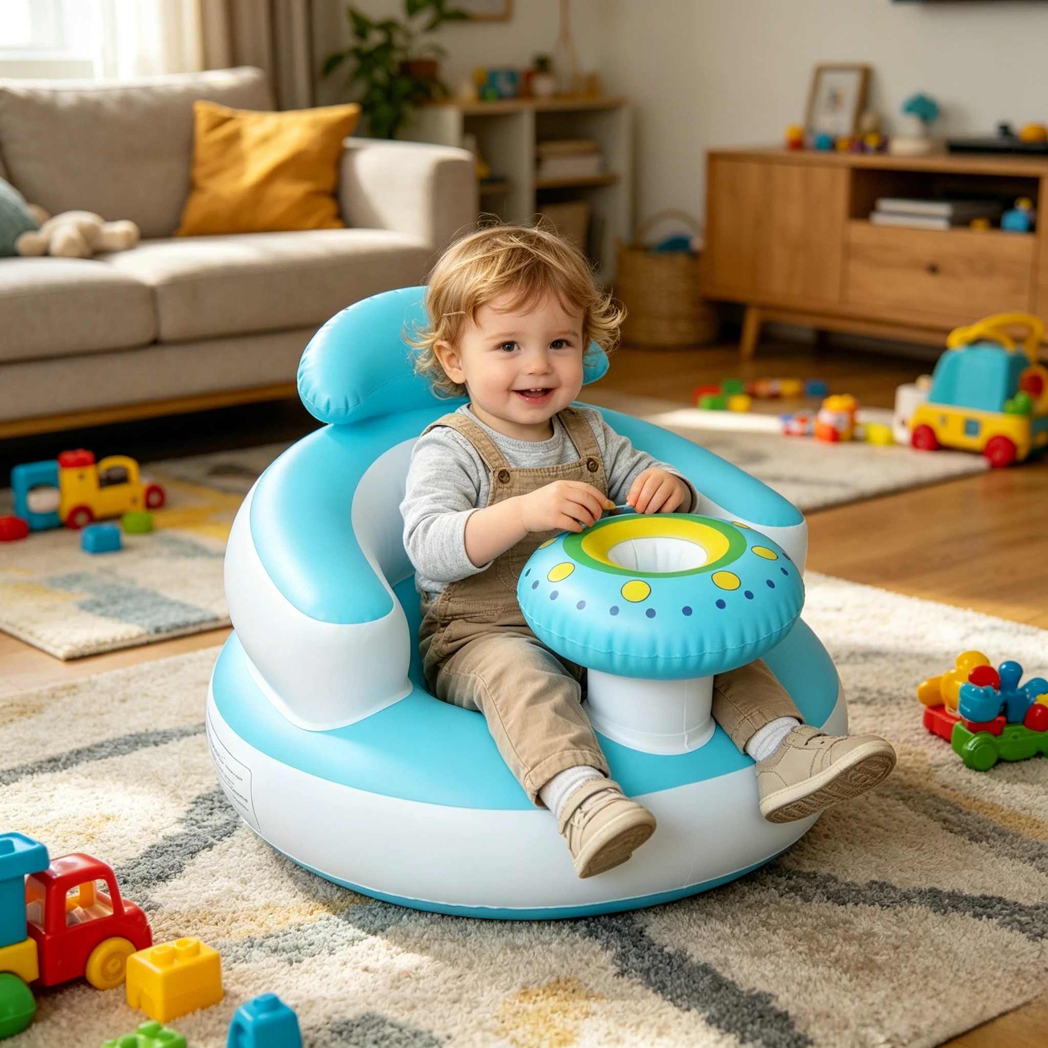 Baby Kid Inflatable Cartoon Baby Seat with Steering Wheel Portable PVC Learn to Sit Baby Sofa Bathroom Sofa Dining Lunch Chair