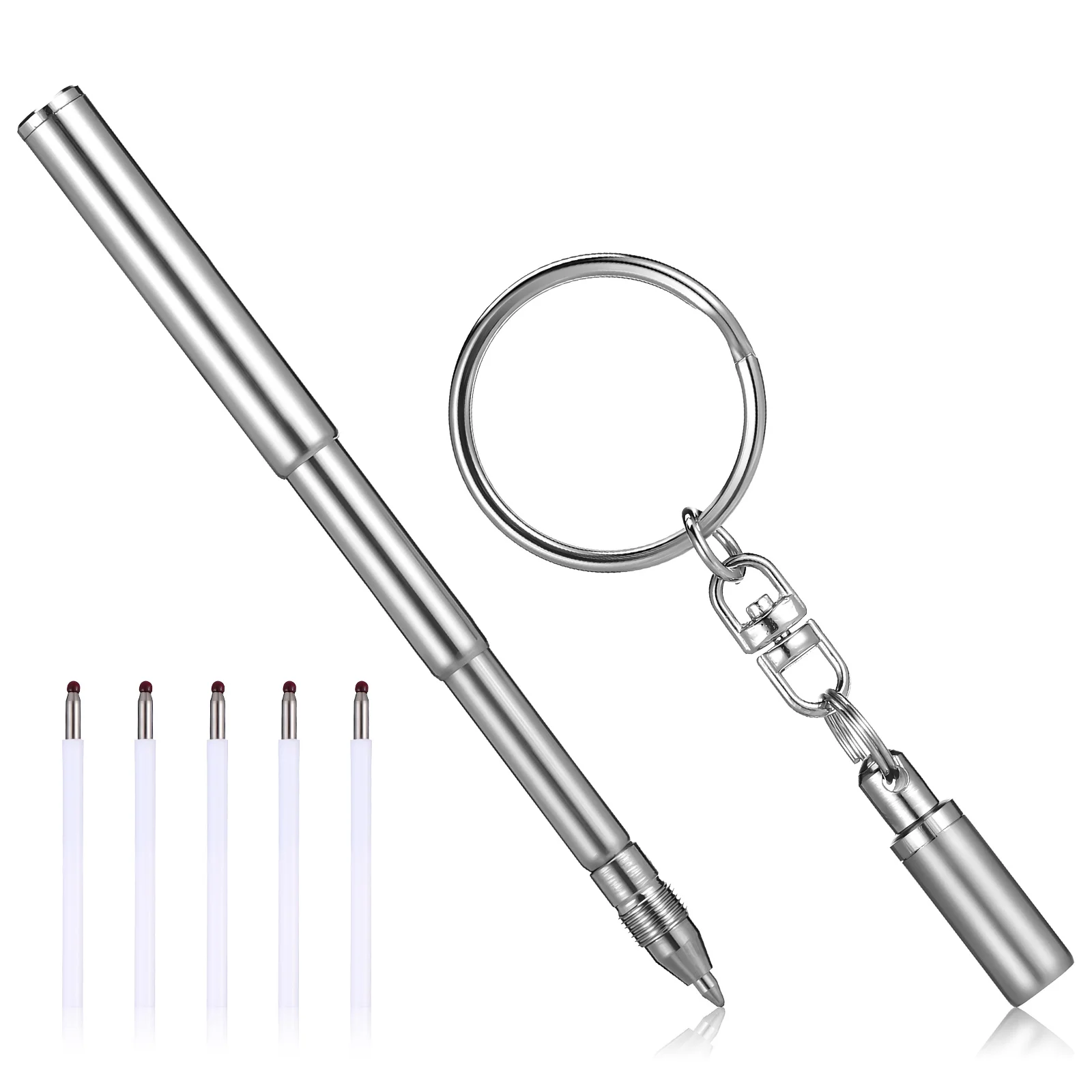 

Telescoping Pen Keychain Stainless Steel Mini Ballpoint Retractable Design Smooth Writing Refills Keychain Pen